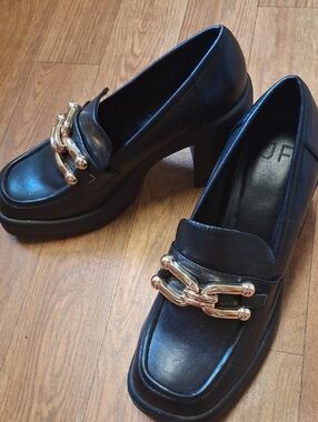 Black High Heel Loafers with Gold Chain Accent - Women